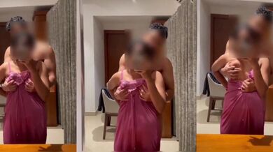 Friend’s mom soft boobs pressing mirror selfie